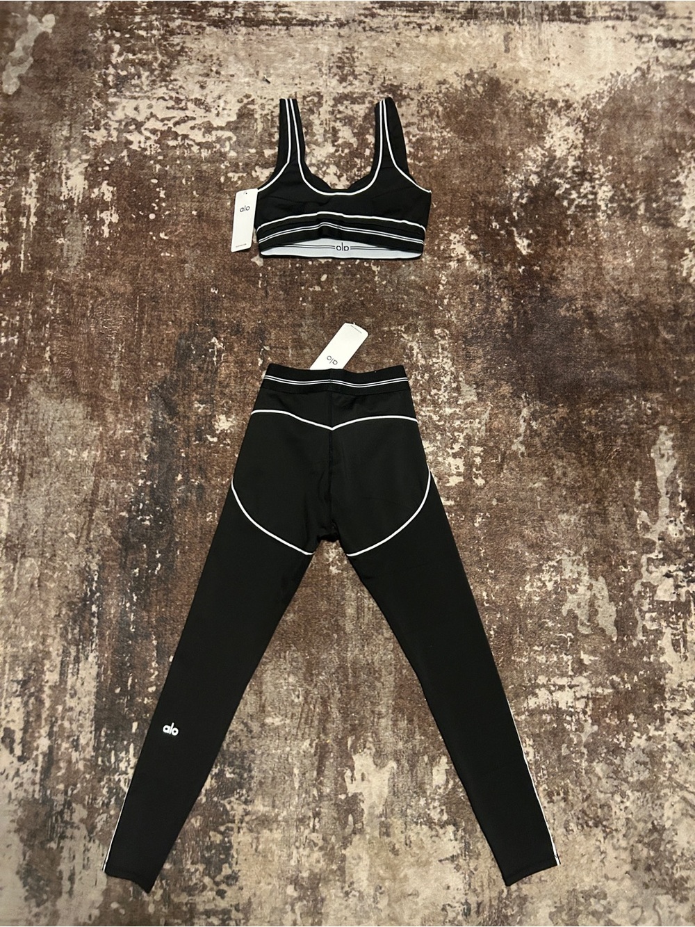 ALO Yoga Black Leggings and Sports Bra Set with White Piping